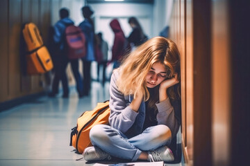 Bullying at school and high school. Upset bullied teen girl suffering sitting against the school locker on the floor in the school corridor. Social problems, children's rights. Generative AI.