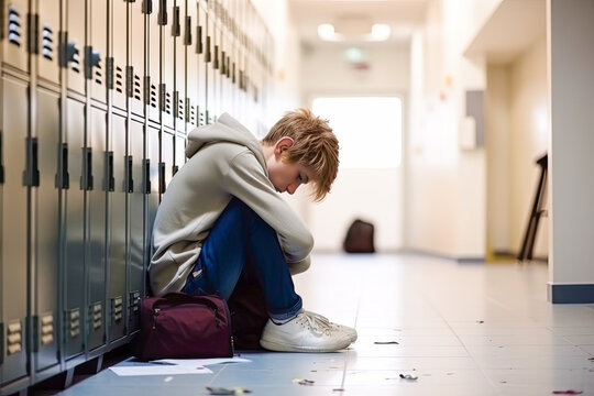 Bullying at school and high school. Upset bullied teen boy suffering sitting against the school locker on the floor in the school corridor. Social problems, children's rights. Generative AI.
