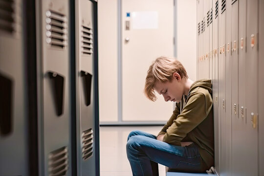 Bullying at school and high school. Upset bullied teen boy suffering sitting against the school locker on the floor in the school corridor. Social problems, children's rights. Generative AI.