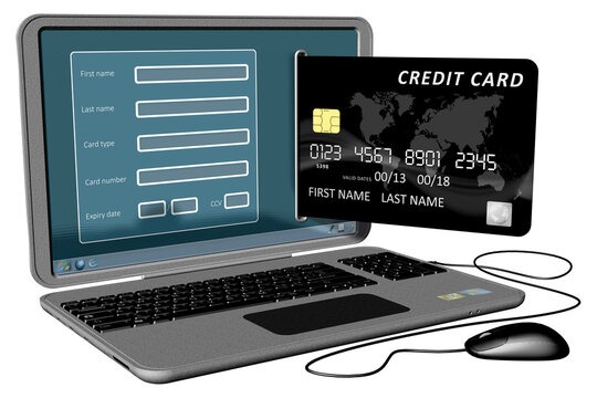 PNG; Trasparente; Pagamento elettronico. Computer portatile e carta di credito come simbolo dei pagamenti online..