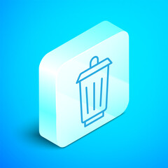 Isometric line Trash can icon isolated on blue background. Garbage bin sign. Recycle basket icon. Office trash icon. Silver square button. Vector