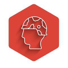 White line Army soldier icon isolated with long shadow. Red hexagon button. Vector