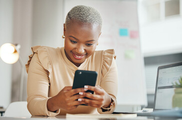 Black woman, office and texting on smartphone with smile, email or social media with happiness....