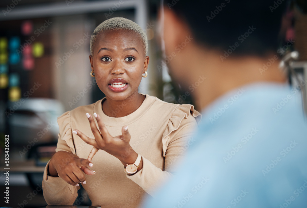 Poster job interview, human resources recruitment and black woman explain hiring process, hr communication 