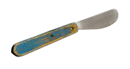 Old butter knife with blue wooden handle isolated on white background