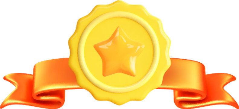 3d badge icon. Golden medal with star and ribbon for winner. Vector design element certificate, diploma, license,product