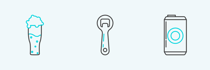 Set line Beer can, Glass of beer and Bottle opener icon. Vector