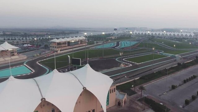 ABU DHABI, UAE - DECEMBER 7, 2016: Yas Island F1 GP Circuit, panoramic view at sunset. This is a major attraction in United Arab Emirates
