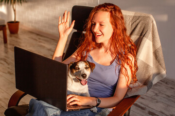 Happy teen girl sit on sofa at home video calling on laptop