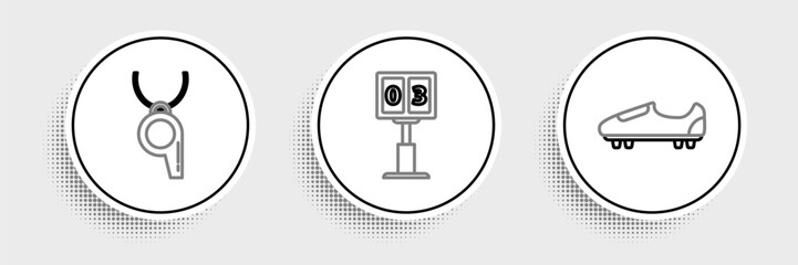 Set line Soccer or football shoes with spikes, Whistle and Sport mechanical scoreboard and result display icon. Vector