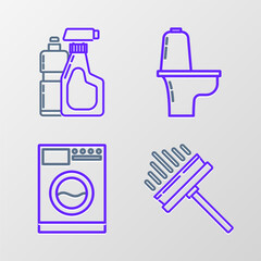 Set line Squeegee, scraper, wiper, Washer, Toilet bowl and Plastic bottles for liquid dishwashing liquid icon. Vector