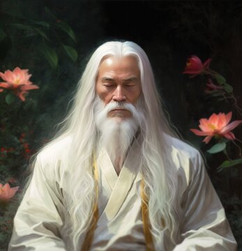 Old Japanese zen master man with long gray beard sitting in meditation in garden with flowers generative ai 