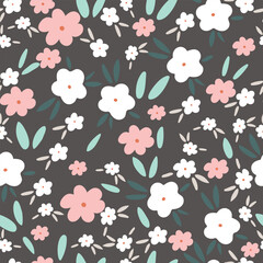 Delicate floral background. Seamless vector pattern for design and fashion prints. Floral pattern with small white flowers on a dark brown background. Ditsa's style.