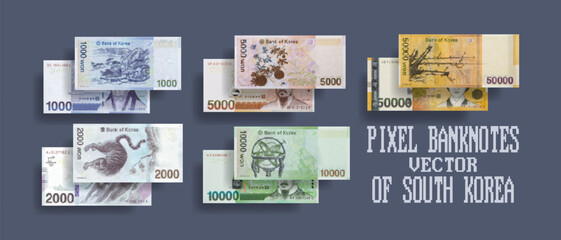 Vector set of pixelated mosaic paper banknotes of South Korea. Obverse and reverse of bills in denominations from 1000 to 50000 won.