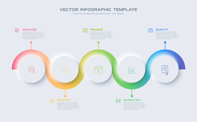 Neumorphism design infographic, 5 step timeline illustration. Minimal clean design.