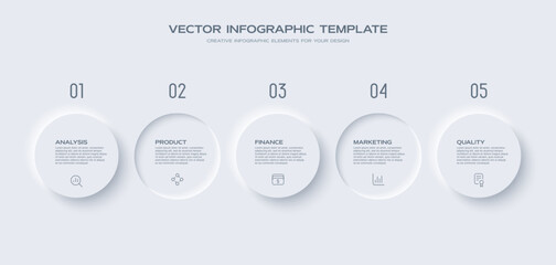 Neumorphism design infographic, 5 step timeline illustration. Minimal clean design.