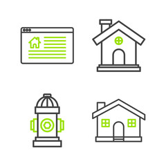 Set line House, Fire hydrant, and Hanging sign with text Online Sale icon. Vector