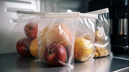 Fresh fruits and vegetables in vacuum bag, concept of fresh food with room for text (created with Generative AI)