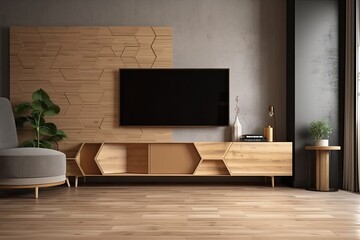 Japanese style wooden floor and tv cabinet with wooden hexagonal tiles on the wall. Generative AI
