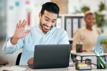 Asian man, laptop and waving on video call for meeting, introduction or webinar at office desk. Happy creative designer with smile in communication, networking or talking on computer for startup