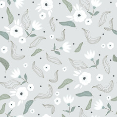 Garden flower, plant, botanical, seamless vector design for fashion, fabric, wallpaper and all prints on gray background. Cute pattern in a small flower. Small white flowers.