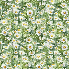 Fototapeta premium Seamless pattern of watercolor chamomile with leaves. Flower background. Perfect for wallpaper, textiles, and web backgrounds, package design. Good quality for repeating design. Generative AI.