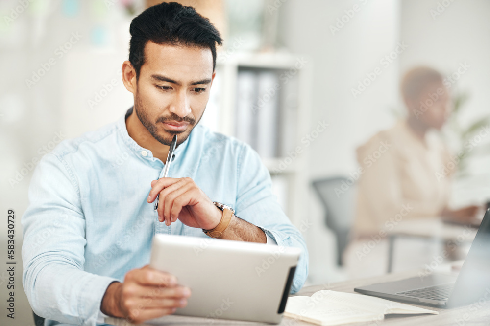 Poster reading, tablet and business man in office with research, information or internet browsing. thinking