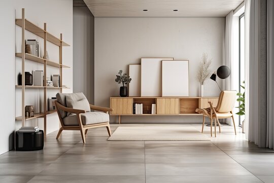 Front view of a light living room with an armchair, a sideboard with bookshelves and a vase, an empty white poster, and a concrete tile floor. minimalist design principle. a mockup. Generative AI