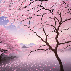 pink sakura tree petals fall on wind oil painting with generative AI technology