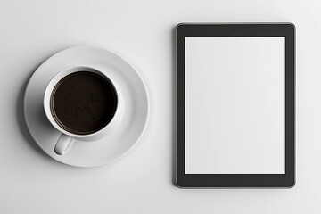 tablet mockup with coffee on the table, generative ai