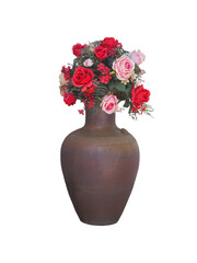 Vintage brown ceramic vase with roses flower isolated on white background.