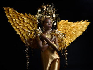  fantasy portrait of beautiful african woman model with afro, goddess silk robes, ornate crown &...