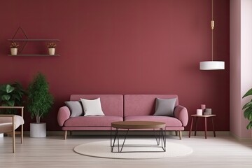 The interior of a minimalist living room in pastel dark red, burgundy, with furniture and plants. Generative AI