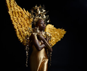  fantasy portrait of beautiful african woman model with afro, goddess silk robes, ornate crown &...