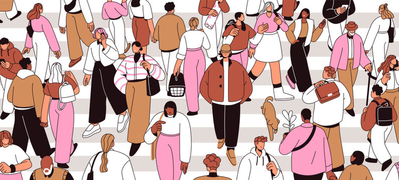 Crowd on urban crosswalk, crossing street, road. Many people, lot of pedestrians on zebra. Busy city traffic, rush hour concept. Population, society, citizens in metropolis. Flat vector illustration