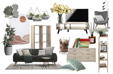 Living room interior design. Collage with different combinable furniture and decorative elements on white background