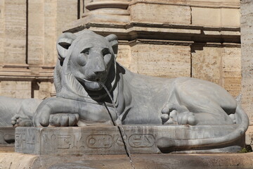 Fontana dell'Acqua Felice Fountain Detail with Sculpted Lion in Rome, Italy