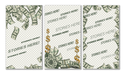 Set of templates for social media story with 100 US dollars banknotes. Stories layouts include place for photo, copy space