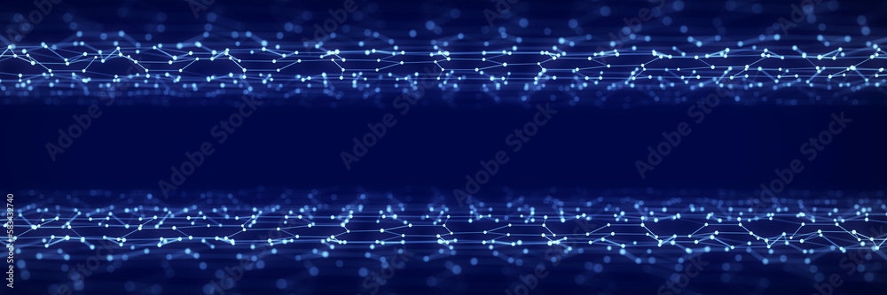 Poster Double futuristic perspective grid in digital cyberspace. Flow of binary code. Network connection structure. 3D rendering.