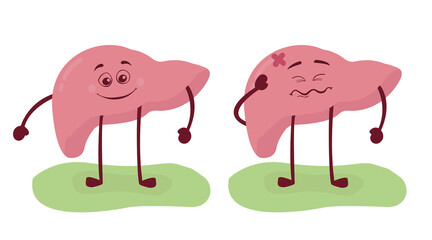 Set of sick liver and healthy liver on a white background illustration