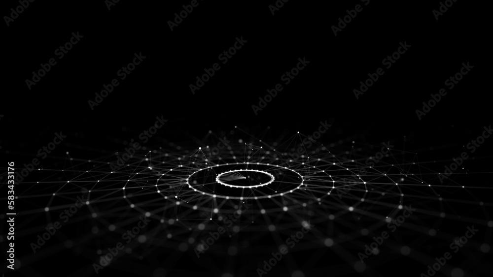 Poster futuristic of circular flow of particles. digital cyberspace. network connections structure. 3d rend