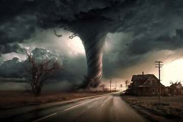 Fototapeta na wymiar Tornado or twister storm clouds going over landscape. generative ai
