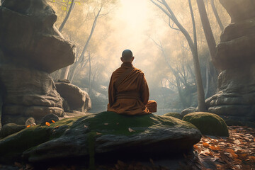 Monk sitting on a stone meditating in a mountain valley, rear view, Generative AI - obrazy, fototapety, plakaty