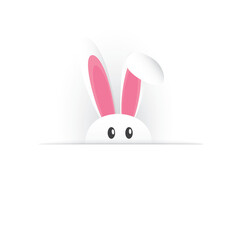 Isolated Happy Easter Template, Card Design - Funny Cute White Bunny with Long Ears Looking Out from Hiding - Design with Copyspace Isolated on White Background, Vector Illustration