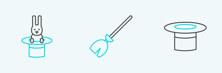 Set line Magician hat, and rabbit and Witches broom icon. Vector