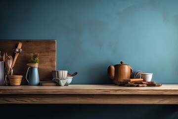 Empty interior design concept, close up of a wooden desk, table, or shelf. template mock up concept idea with blue backdrop and copy space. Generative AI