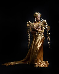  fantasy portrait of beautiful african woman model with afro, goddess silk robes and ornate floral...