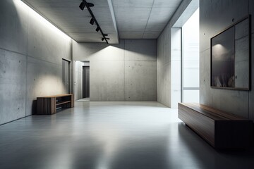 Interior of a modern, minimalist gallery with a mockup location on the wall. Interior of a museum or exhibition. Generative AI - obrazy, fototapety, plakaty