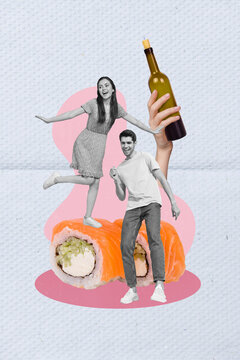 Vertical collage picture of two excited black white gamma mini people dancing big sushi roll arm hold wine bottle isolated on creative background