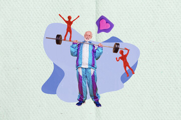 Creative funny collage image of grandfather lifting press barbell plasticine people like notification isolated on painted background
